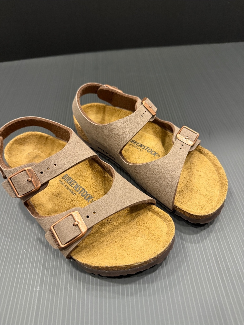 Birkenstock Kids Taupe Two-Strap Sandals with Copper Buckles